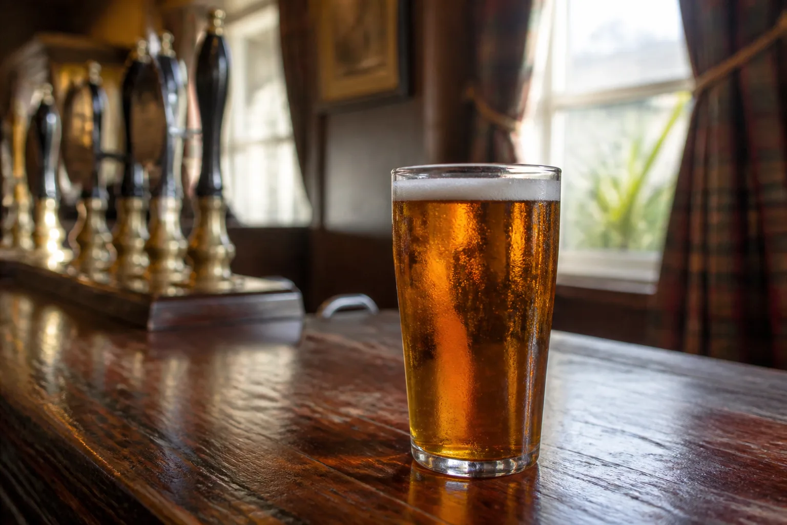 An amateur Canon DSLR photo of a full pint glass of amber-gold Orkney ale on a worn dark-wood pub bar, condensation on the glass, warm afternoon light through a nearby window, out-of-focus beer taps in the background