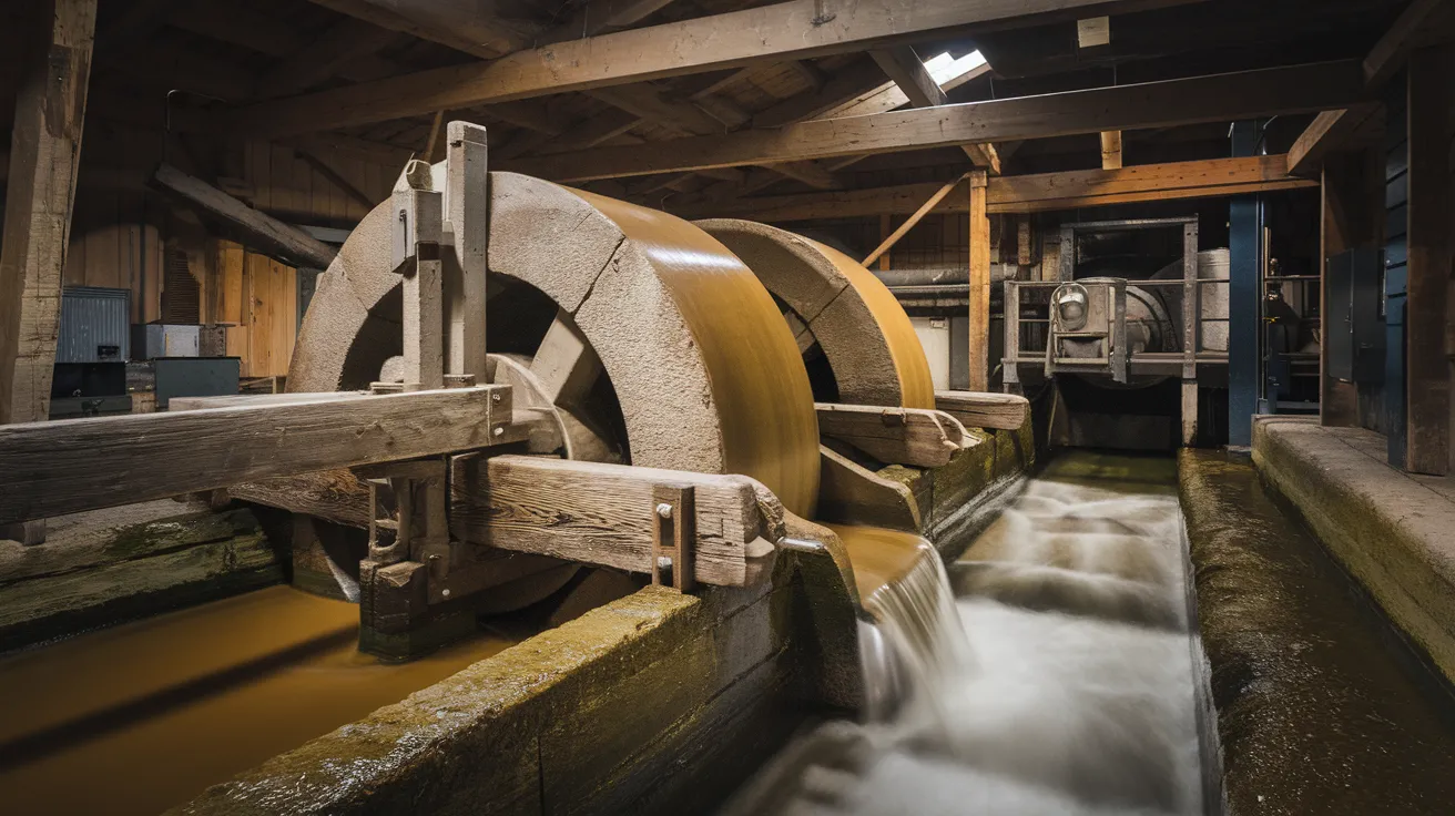 Interior of the historic Barony Mill in Birsay, Orkney, showing millstones.
