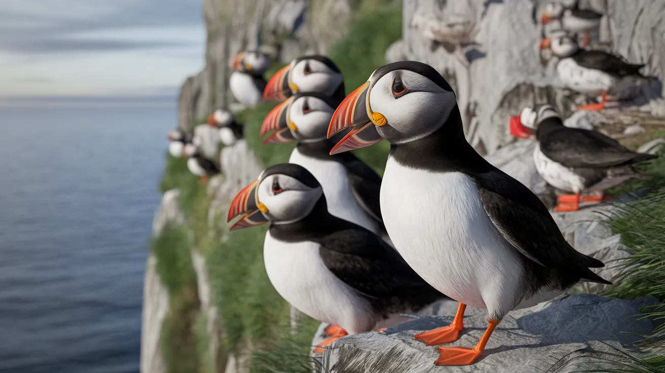 Close-up of puffins on a cliff face seen from an Orkney boat tour.