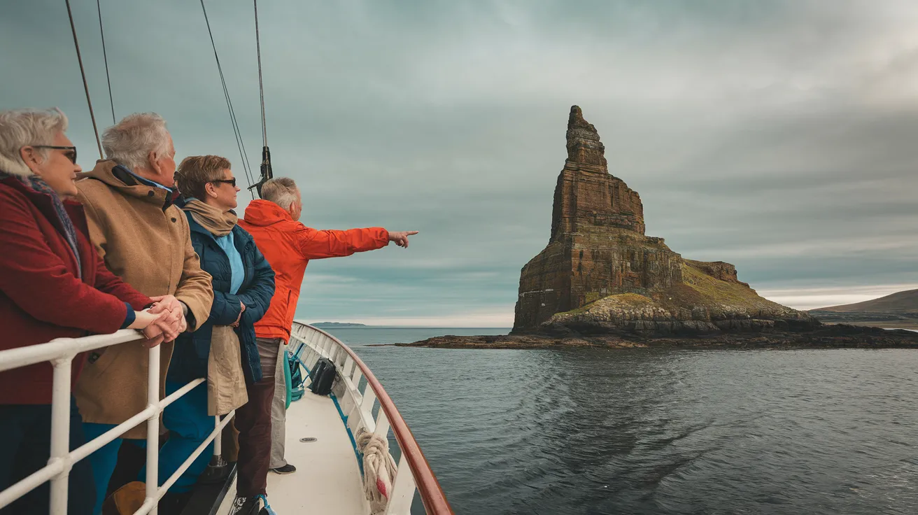 Tourists on a boat trip viewing the Old Man of Hoy.