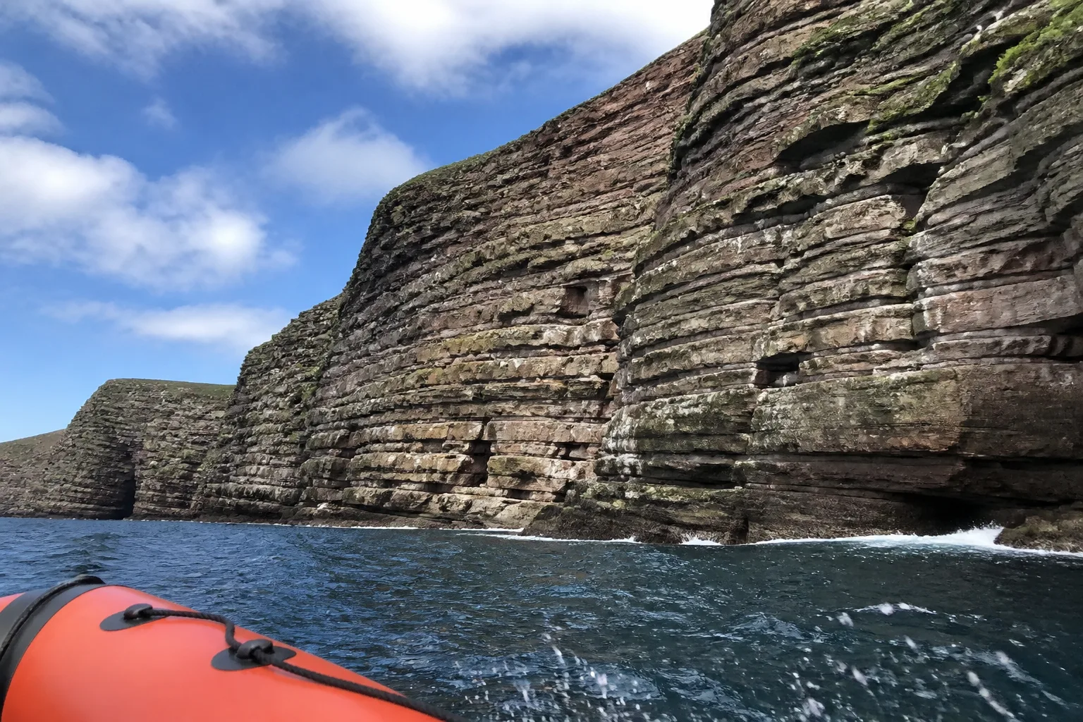 View from a small RIB inflatable boat at the foot of a tall layered red-sandstone cliff on Westray, Orkney, with seabirds visible on ledges along the cliff face