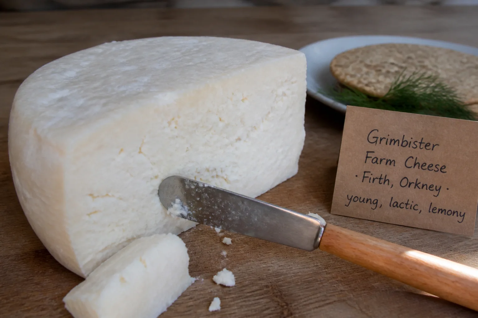 A tight close-up macro photo of a single half-round of fresh Grimbister farmhouse cheese on a wooden board filling most of the frame — pale cream almost white, slightly damp soft surface clearly a young fresh cheese not aged, the cut face showing a soft crumbly moist texture with tiny irregular crumbs falling away from the edge, a small wedge cut off lying beside it with crumbs scattered, a wooden-handled cheese knife across the cut surface and a handwritten card reading Grimbister Farm Cheese Firth Orkney young lactic lemony