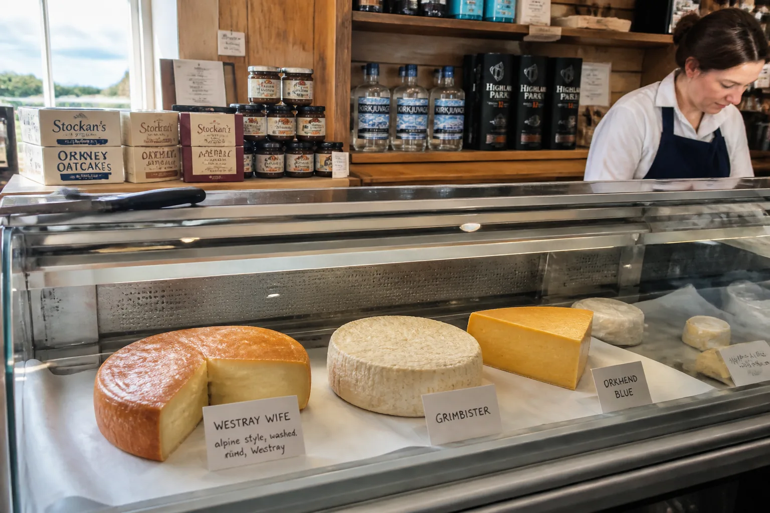 An environmental context photo inside a small independent Orkney delicatessen focused on the chilled glass cheese counter — through the glass several whole and cut cheeses on white parchment paper including a partly-cut round of darker orange-amber-rinded washed-rind cheese labelled WESTRAY WIFE alpine style washed rind Westray, next to it a round of pale Grimbister and a wedge of orange Orkney cheddar, with a shop assistant in a navy apron and white shirt partly cropped on the right edge of the frame and wooden shelves behind with stacked boxes of oatcakes jars of chutney bottles of Orkney gin and Highland Park whisky