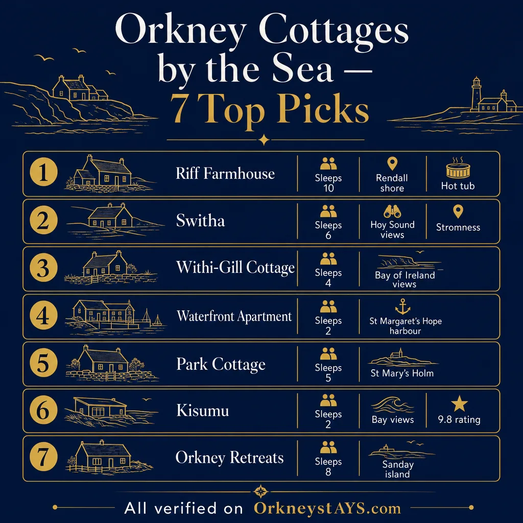 Infographic: Orkney Cottages by the Sea — 7 Top Picks, listing Riff Farmhouse, Switha, Withi-Gill Cottage, Waterfront Apartment, Park Cottage, Kisumu and Orkney Retreats with sleep capacity and location