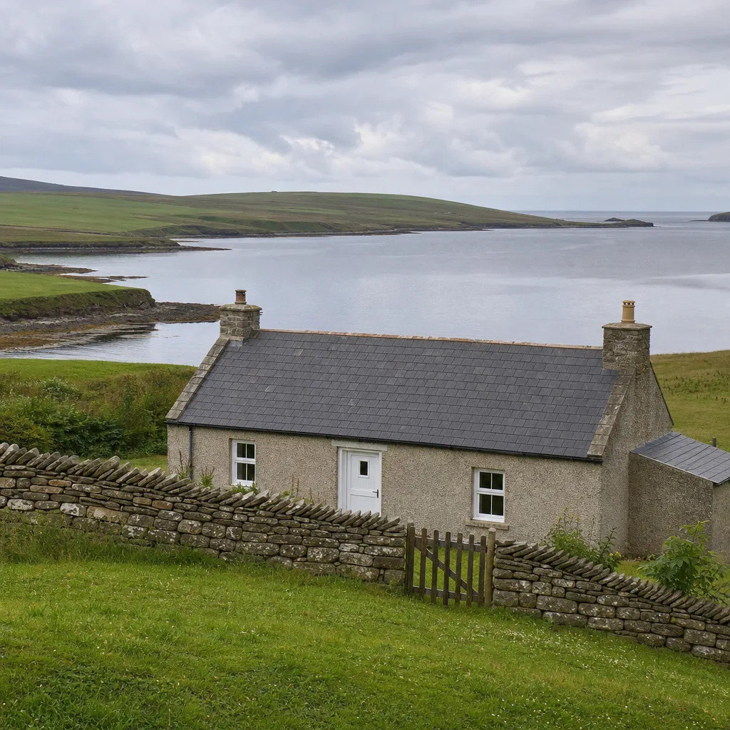 Traditional stone Orkney cottage with pebbledash walls and grey slate roof overlooking a sheltered coastal bay, drystone wall boundary, calm water beyond, overcast summer sky