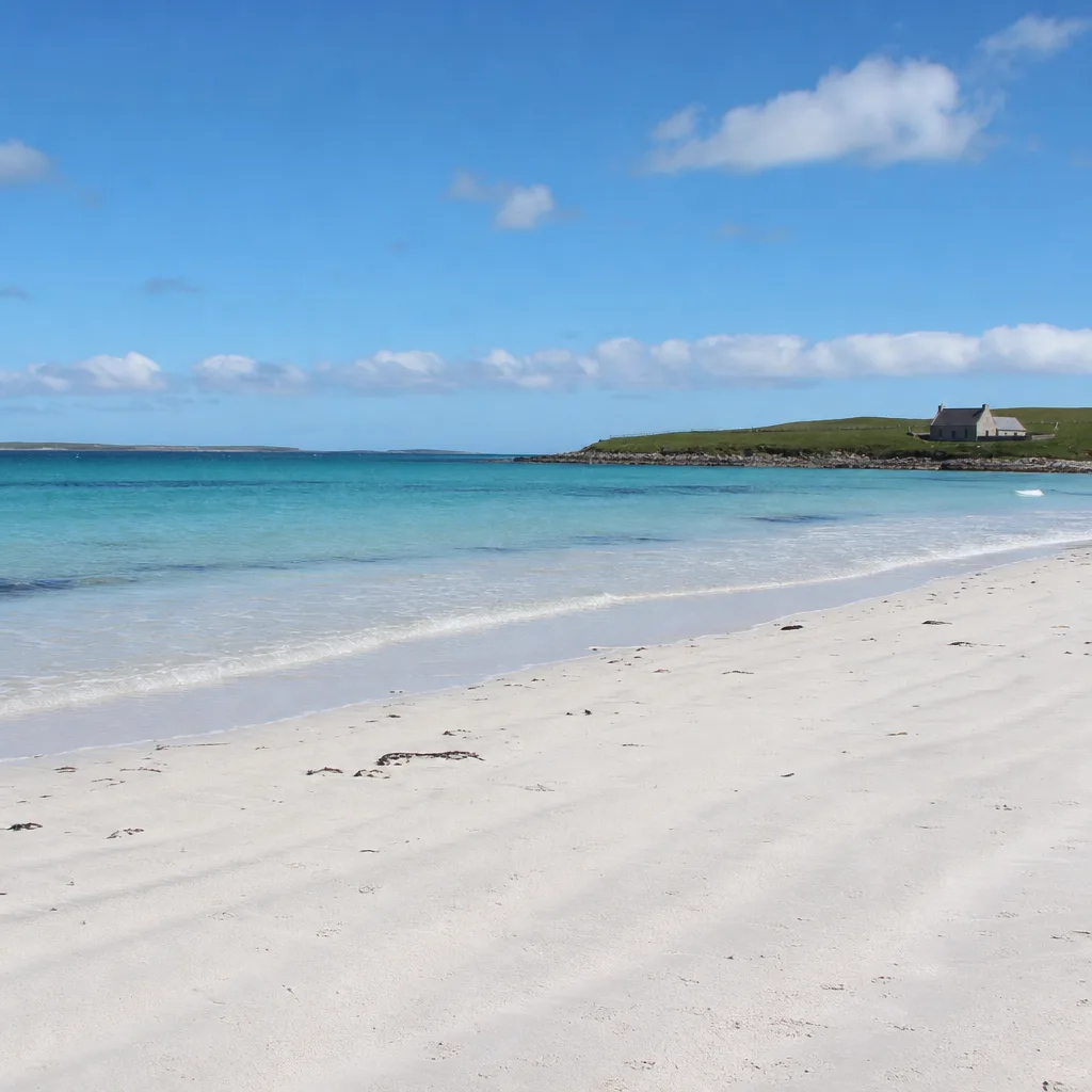 Empty white sand beach with turquoise water on a Scottish island in summer light, traditional farmhouse on a green headland in the distance, clear blue sky