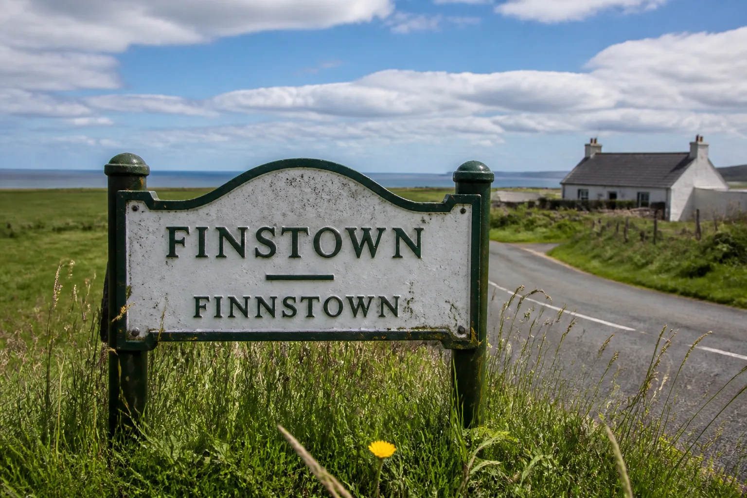 A weathered roadside green-on-white village name signpost in Orkney reading FINSTOWN – FINNSTOWN, with the Old Norse origin underneath, on a single-track tarmac road past a whitewashed bungalow with green farmland and a strip of distant sea behind it, photographed on a bright partly-cloudy summer day