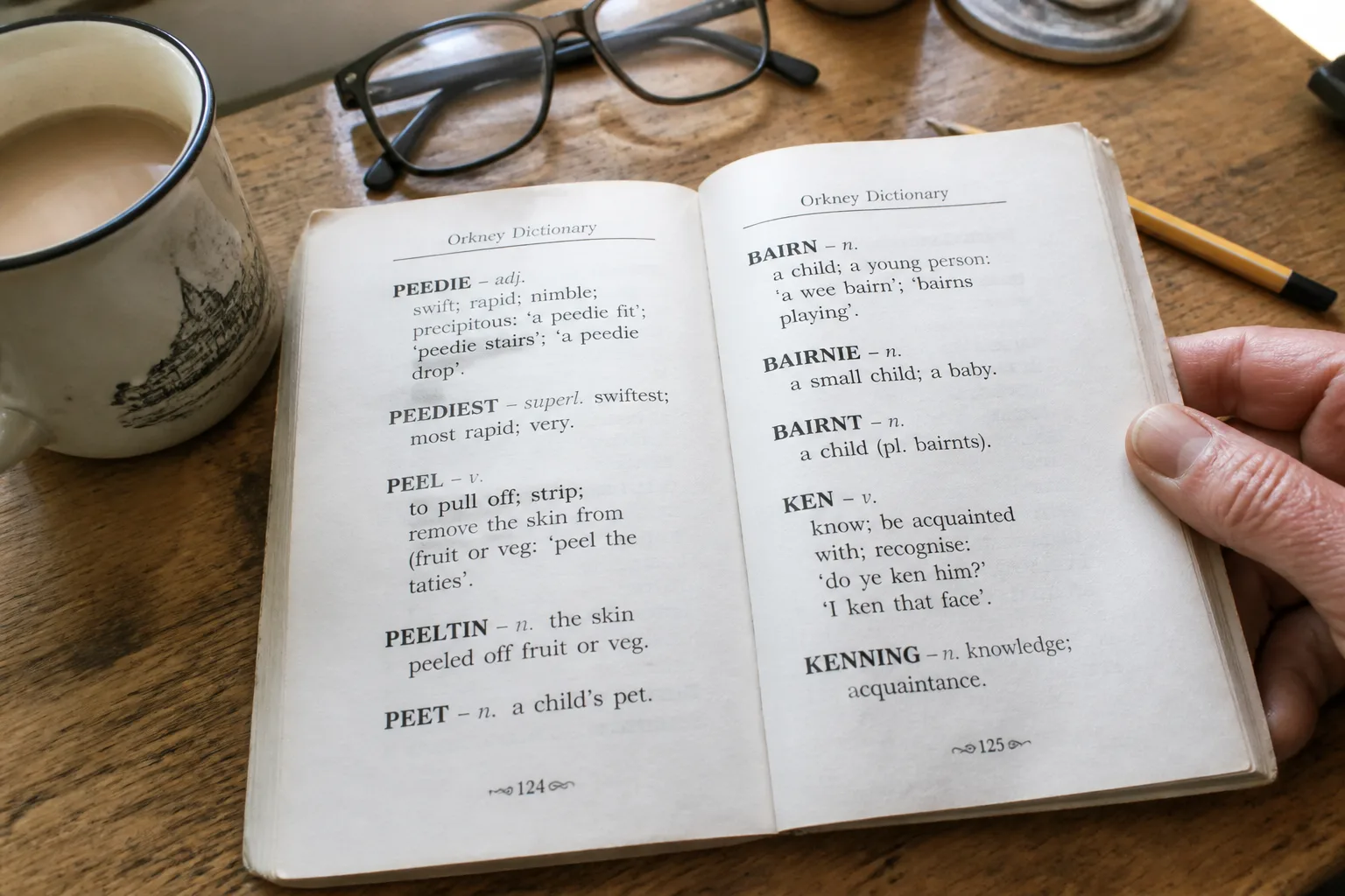 Tight close-up of a worn paperback Orkney Dictionary lying open on a wooden kitchen table, showing entries for PEEDIE, BAIRN and KEN, with a half-drunk mug of tea, reading glasses and a pencil beside it, photographed from above in warm natural daylight from a kitchen window