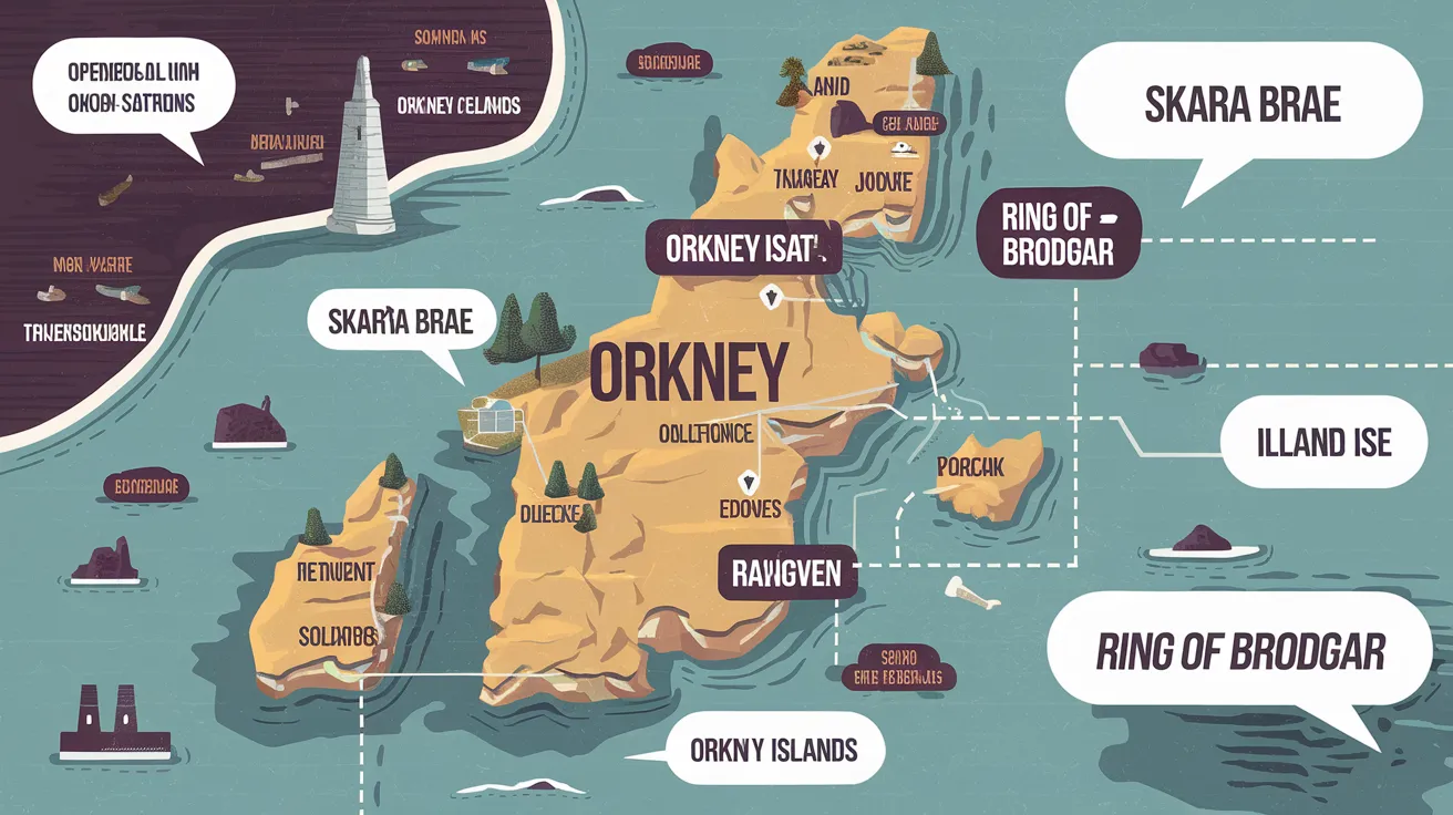Map of Orkney with speech bubbles showing dialect words.