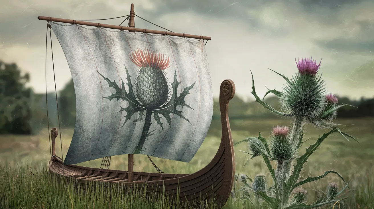 Illustration blending Norse Viking ship sails and Scottish thistle.