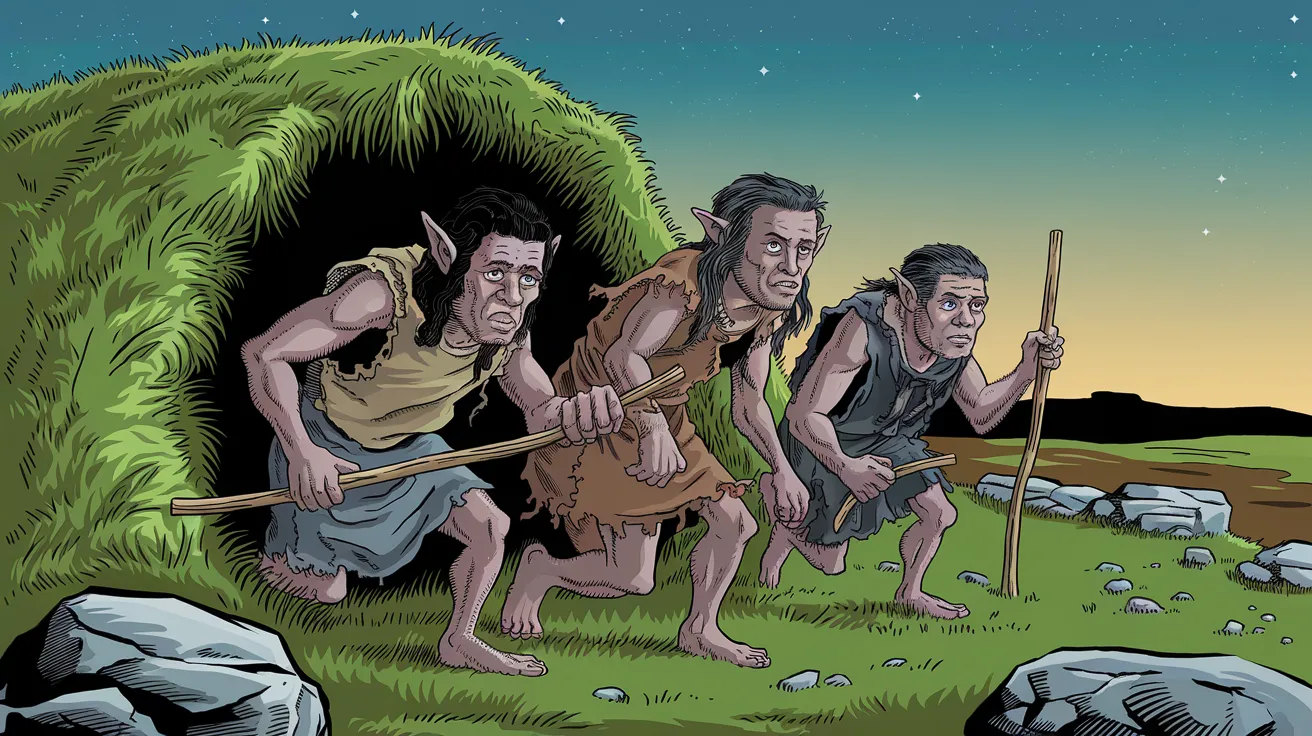 Illustration of Trows emerging from a Neolithic mound in Orkney.