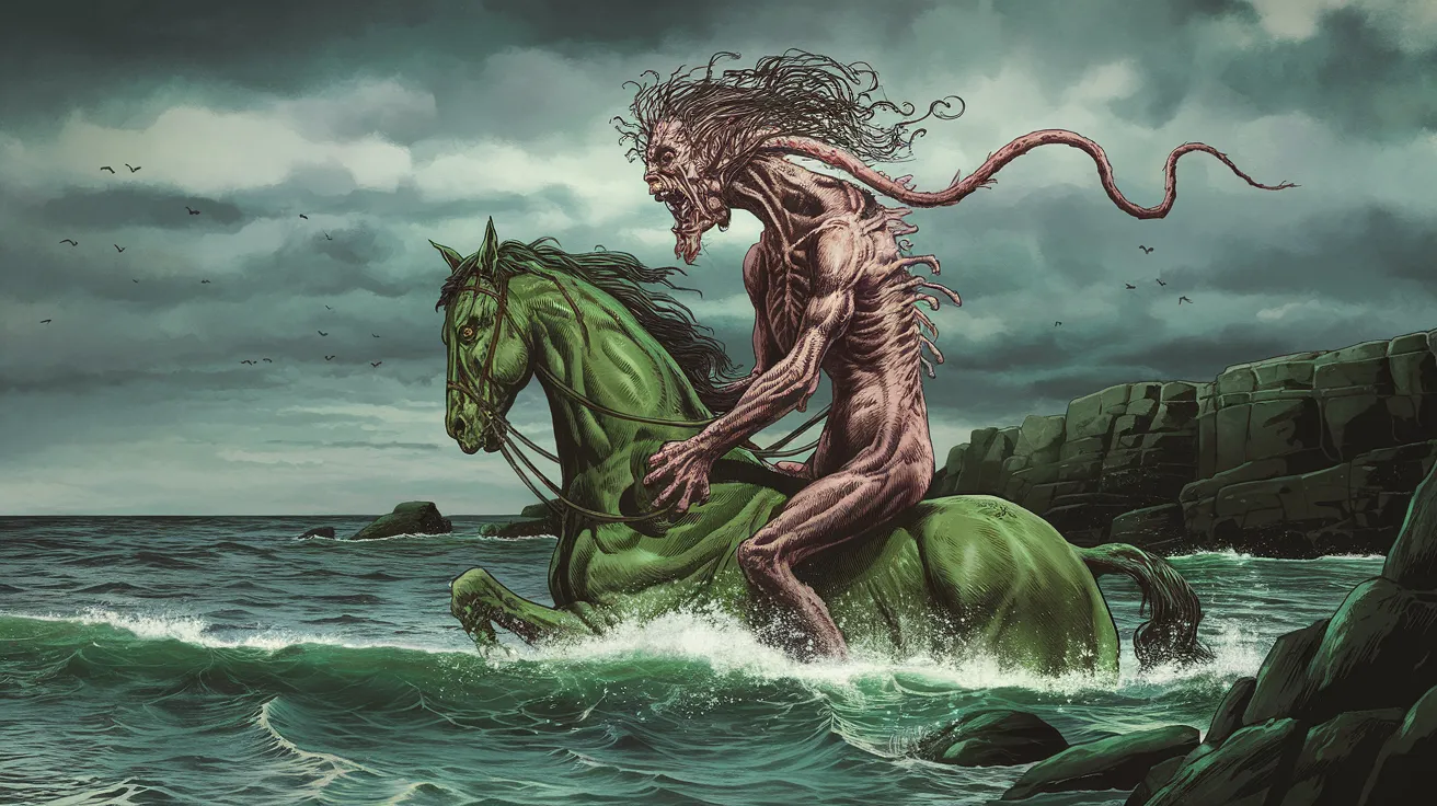 Dramatic illustration of the Nuckelavee demon emerging from the sea.