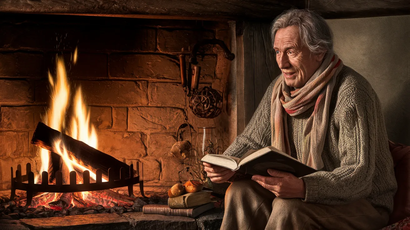 Storyteller recounting Orkney legends by a peat fire.