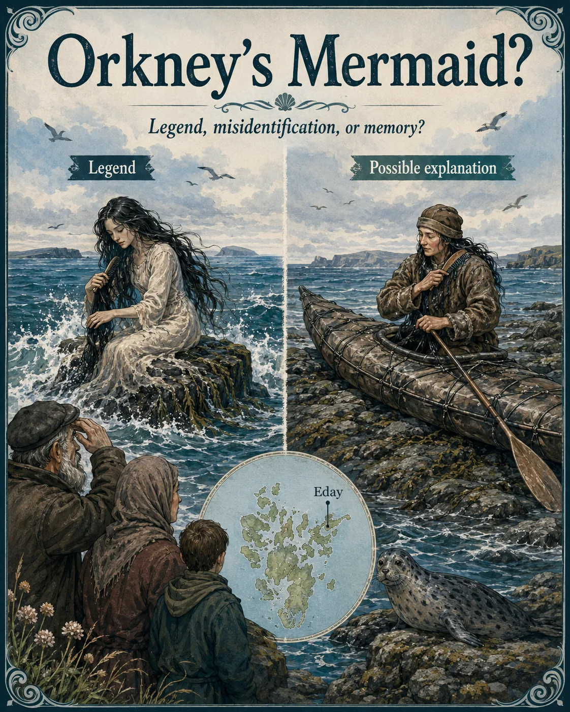 A two-panel illustration titled Orkney's Mermaid — on the left, the legend, a long-haired figure combing her hair on a wet rock at the edge of a rough northern sea; on the right, the possible explanation, a lone paddler in a narrow skin-covered kayak among the same rocks, watched from the shore by a crofting family, with an inset map roundel of the Orkney islands marking Eday