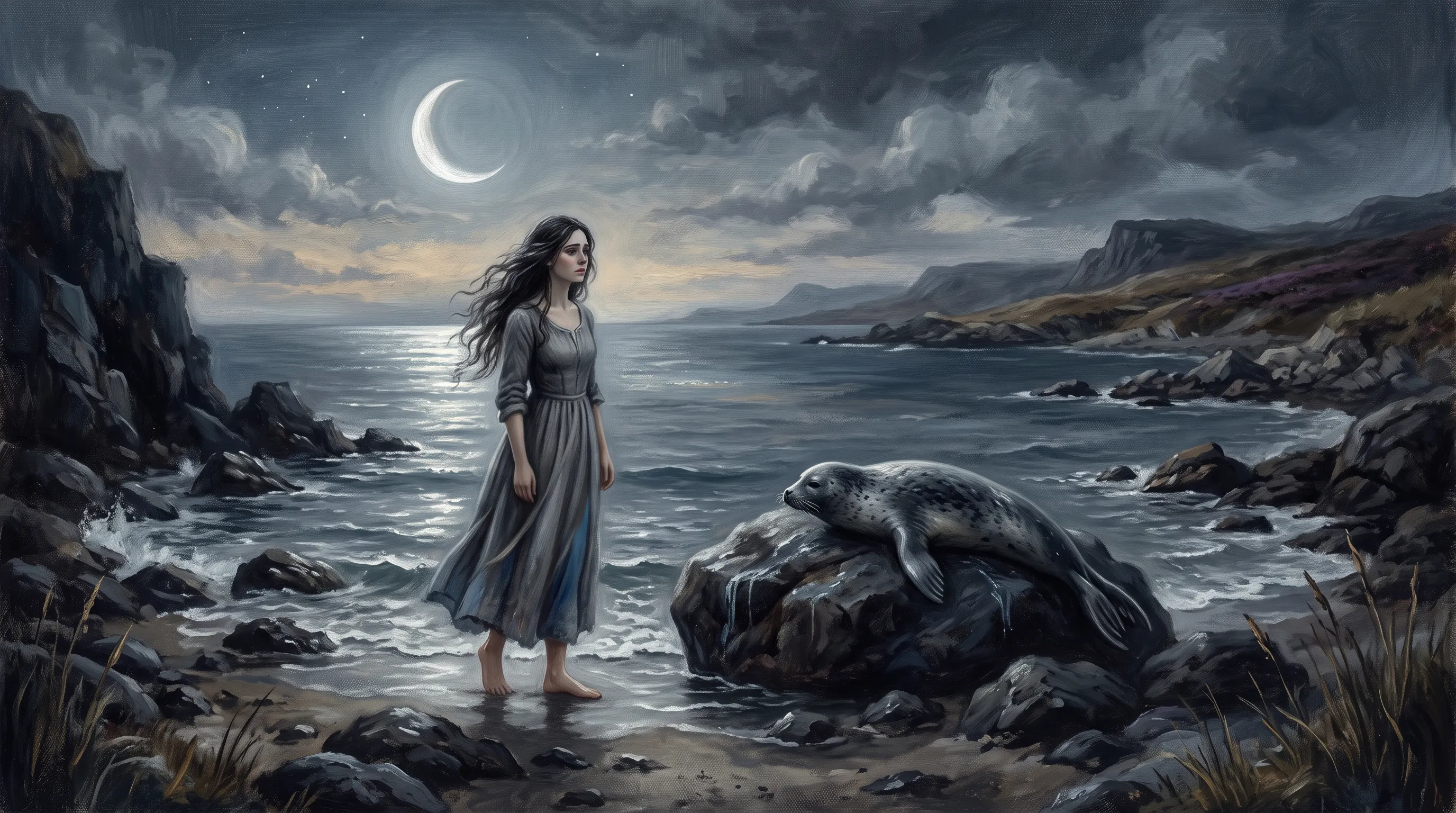 Painterly folklore illustration of a selkie — a mythical seal-woman of Orkney legend — standing at the edge of a moonlit northern shore at twilight, with a seal on a wet rock beside her and a low treeless coastline behind, an artist's impression in muted Nordic tones