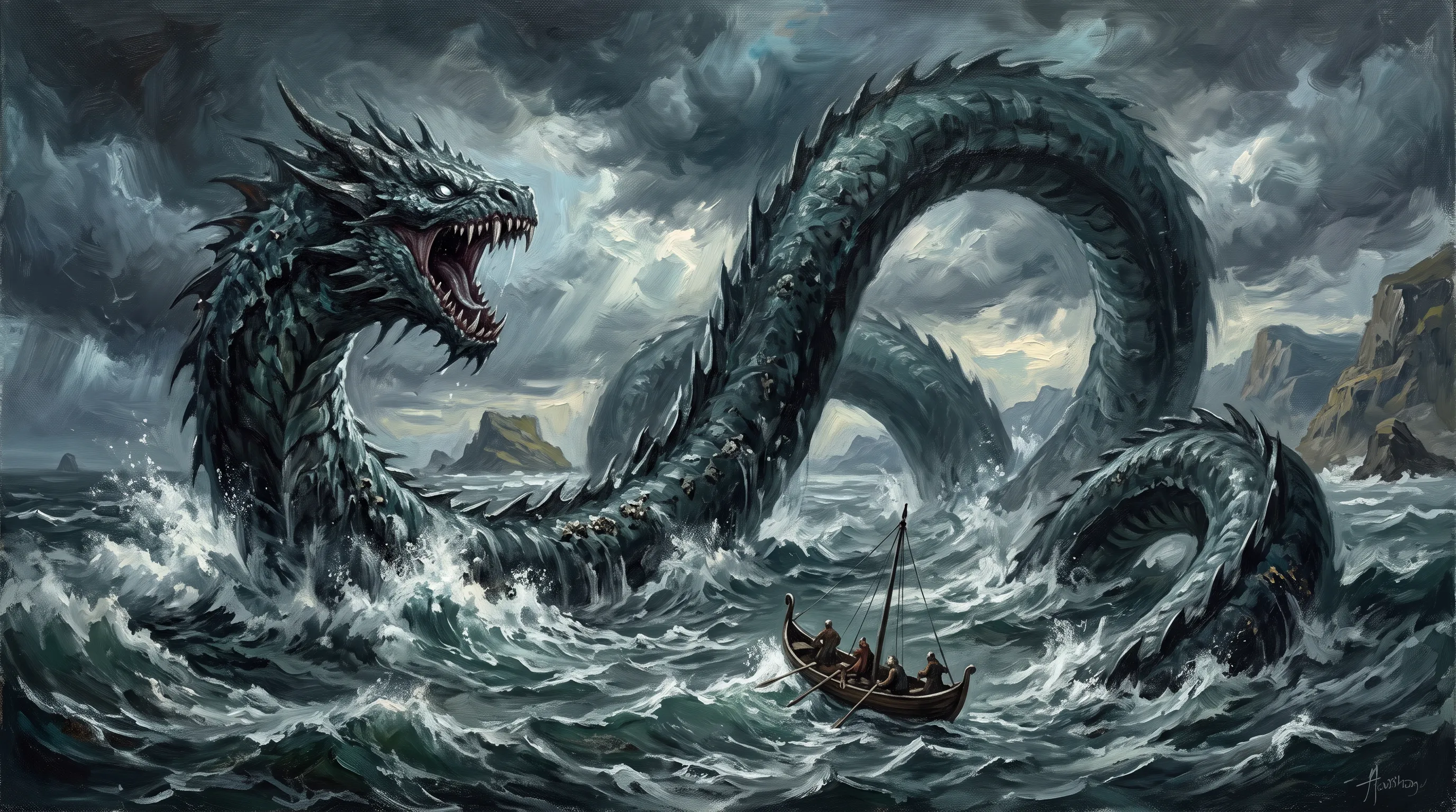 Dramatic painterly folklore illustration of the Stoor Worm — a vast mythical sea-serpent of Norse and Orcadian legend — rising in enormous dark coils from a stormy grey northern sea, with a tiny wooden boat below for scale, an artist's impression in a moody oil-painting style