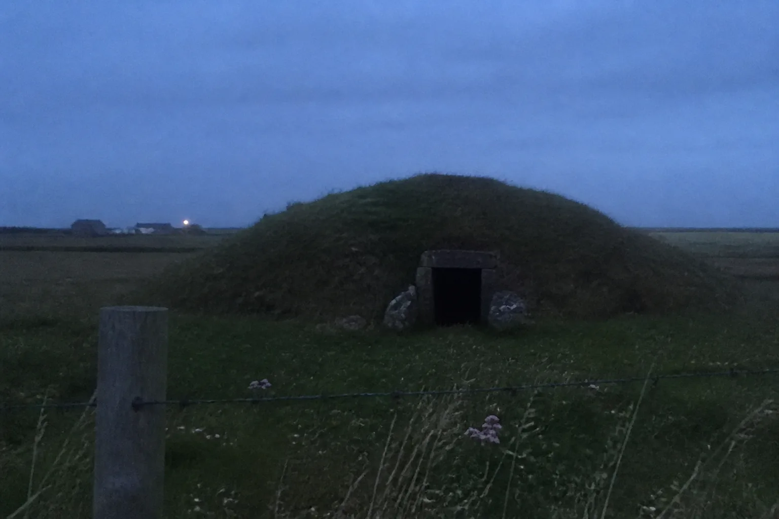 A small grass-covered chambered cairn known as a 'trowie mound' on the West Mainland of Orkney at twilight, with a dark rectangular stone entrance at its base, tussock grass and wildflowers in the foreground, and a deep blue-grey twilight sky with a single distant farm light just turning on