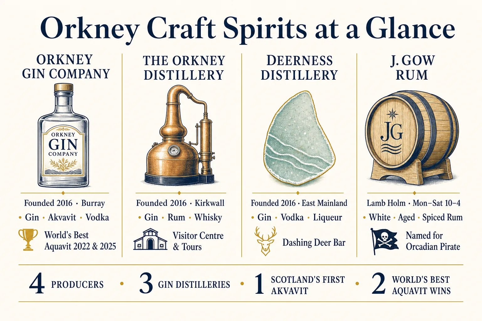 Infographic: Orkney Craft Spirits at a Glance — 4 producers, 3 gin distilleries, Scotland's first akvavit, World's Best Aquavit 2022 and 2025
