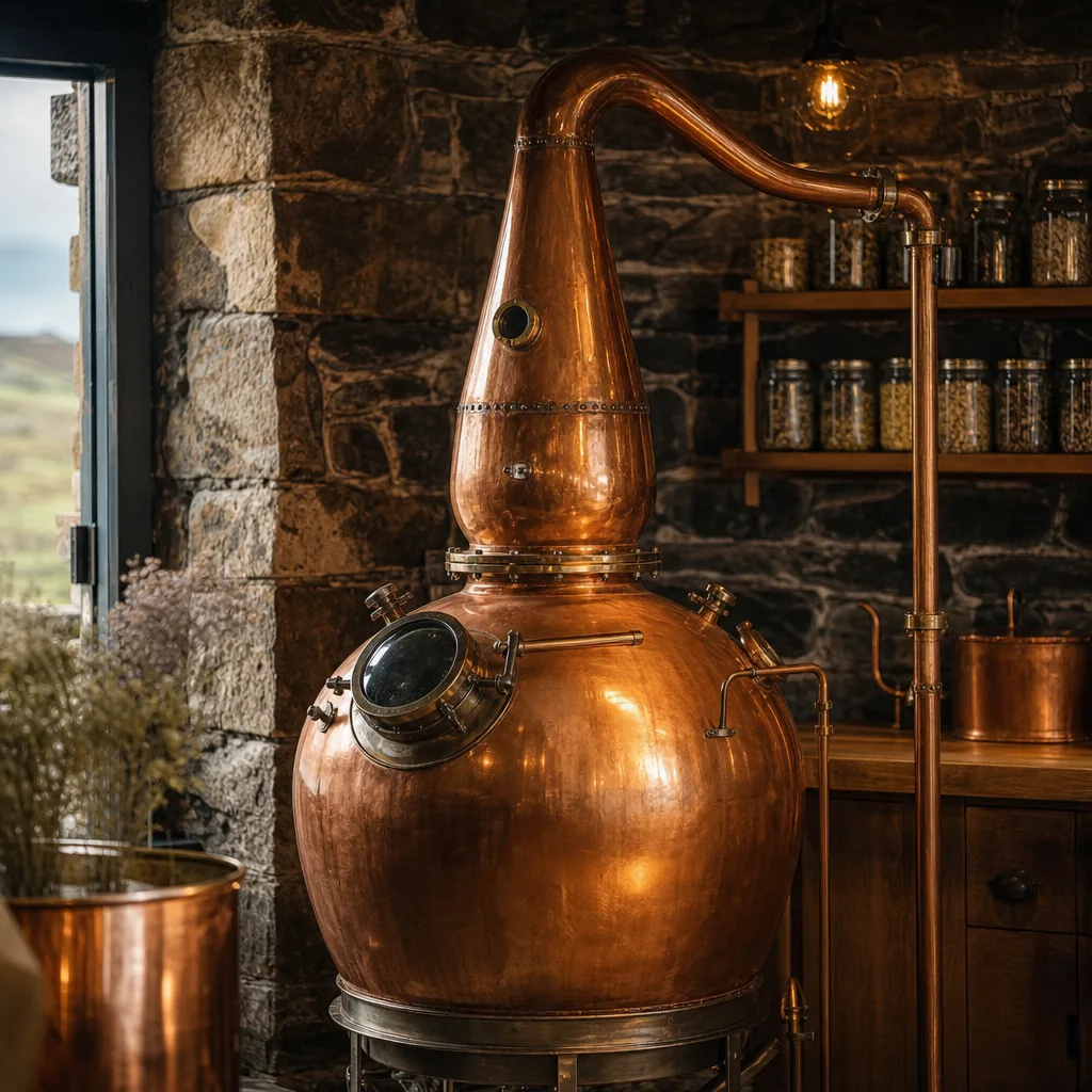 Copper pot still inside a small Scottish island craft gin distillery, stone walls, botanical jars on wooden shelving, warm amber light