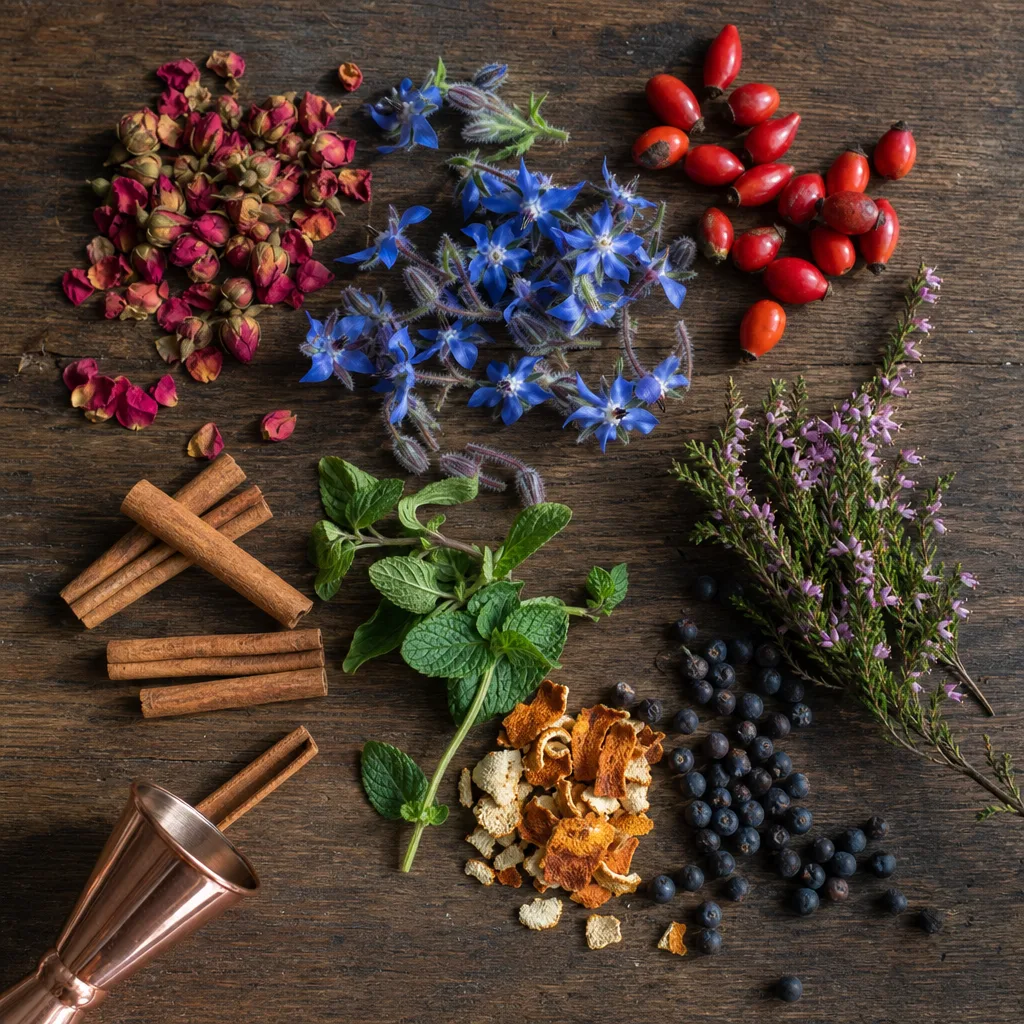 Flat-lay of Orkney gin botanicals on a dark oak table: wild rosebuds, borage flowers, rosehips, cinnamon sticks, heather, spearmint, dried orange peel and juniper berries with a copper jigger