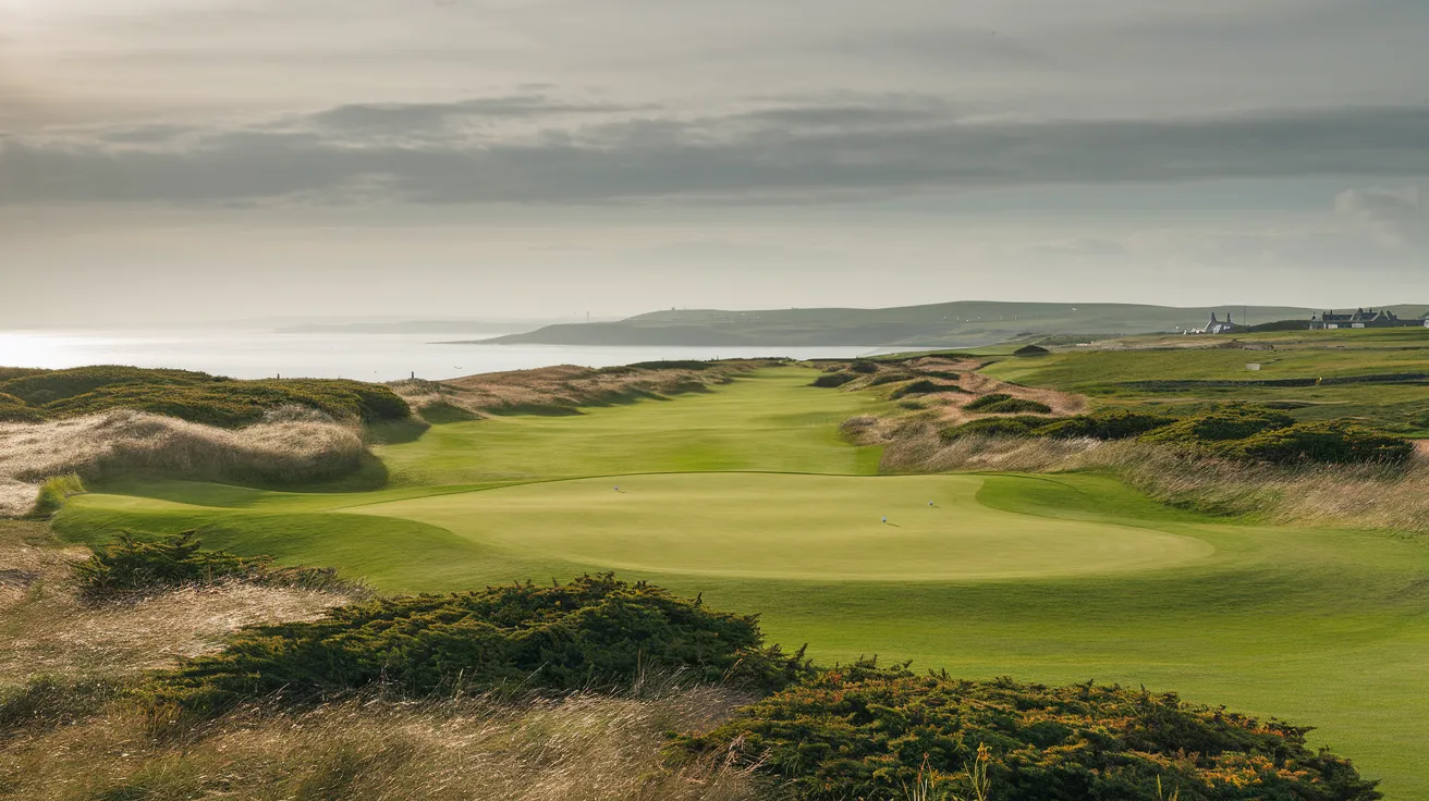View of Orkney Golf Club course near Kirkwall with gorse and bay views.