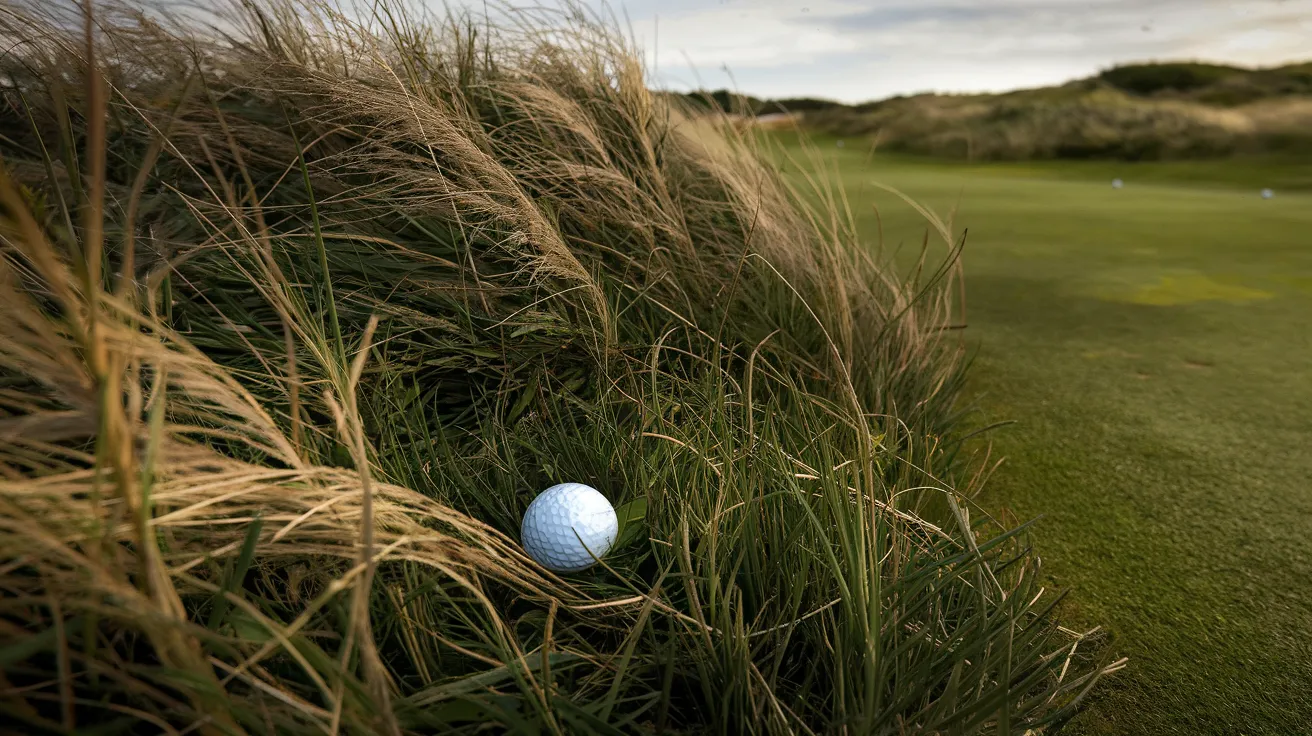Golf ball nestled in thick gorse rough on an Orkney links course.