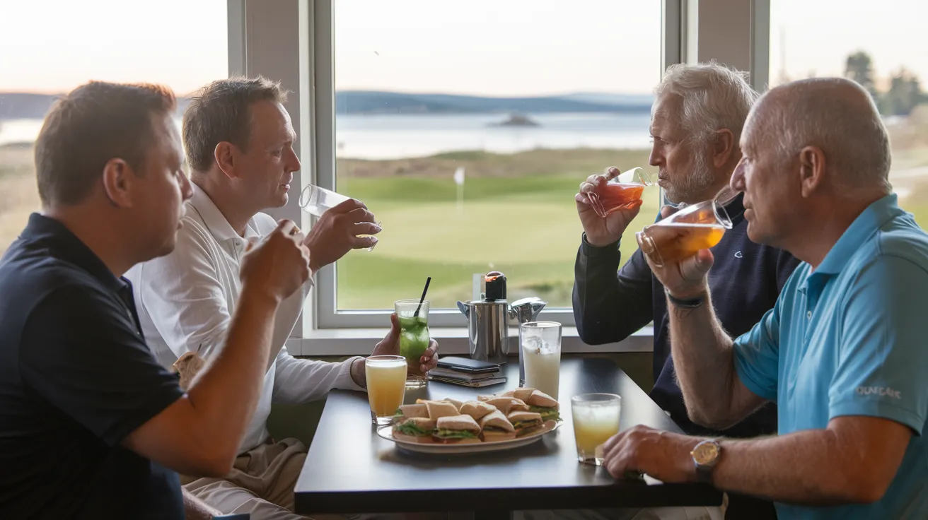 Golfers relaxing in the Stromness Golf Club clubhouse with sea views.