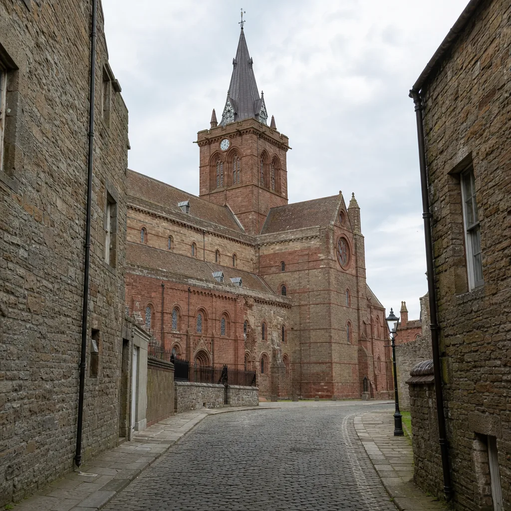 St Magnus Cathedral, Kirkwall, viewed from a cobbled old-town lane
