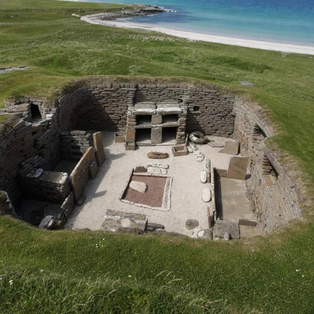 Skara Brae stone house interiors viewed from the visitor path