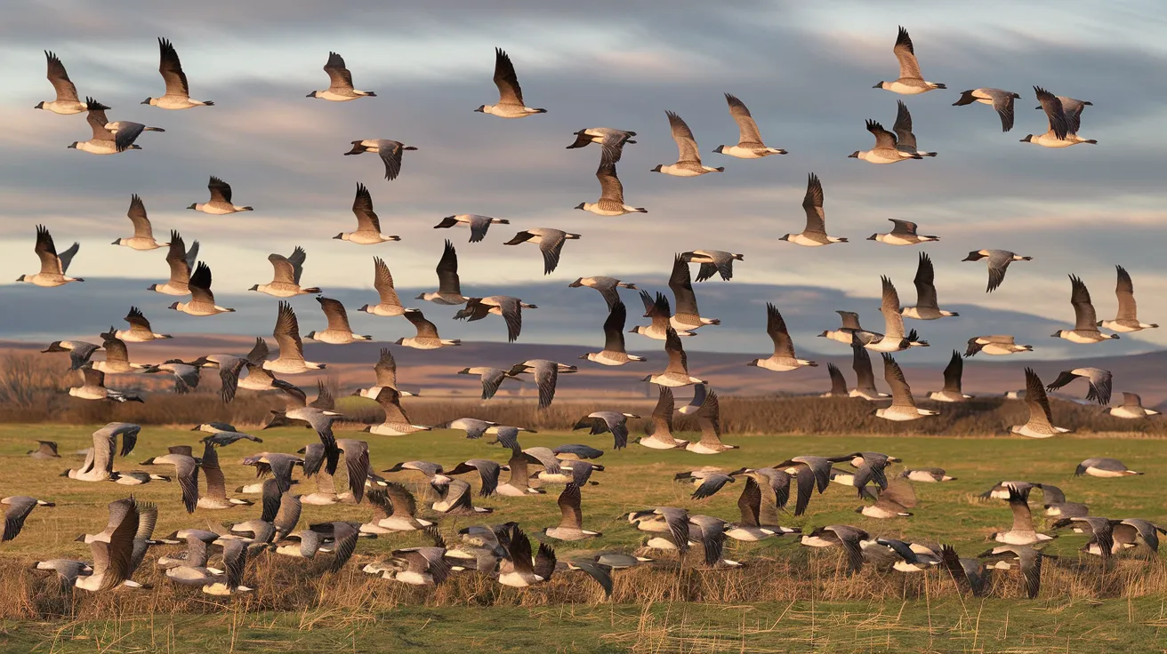 Flock of Pink-footed Geese flying over an Orkney field in autumn.