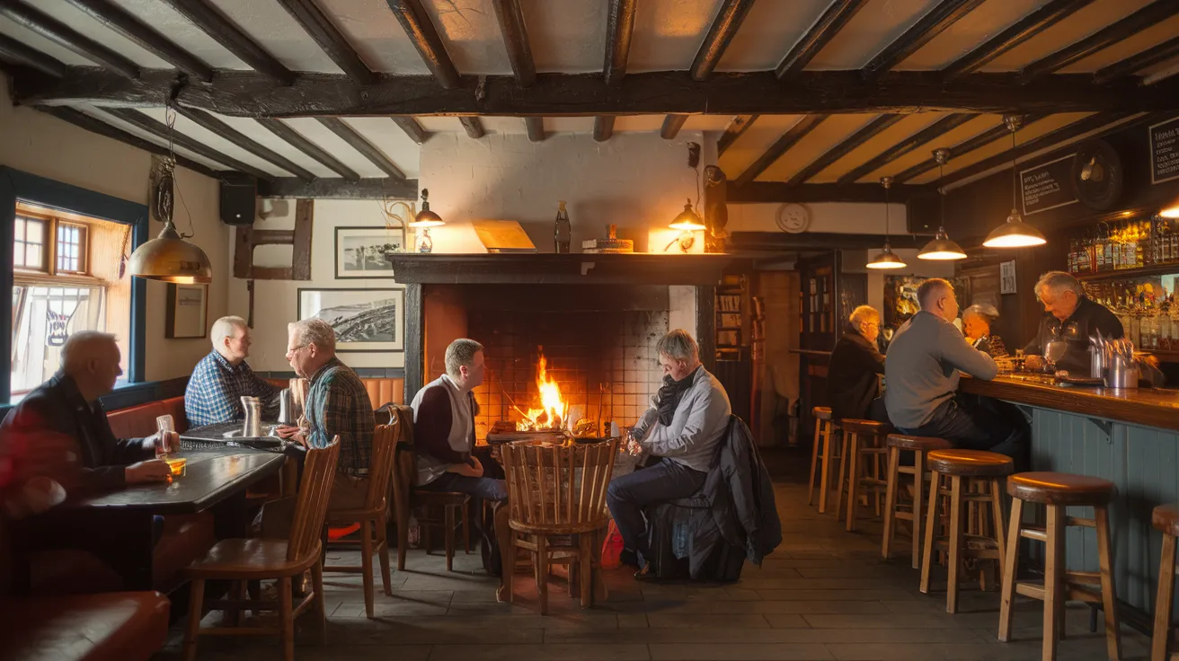 Cosy interior of a traditional Orkney pub with a peat fire.