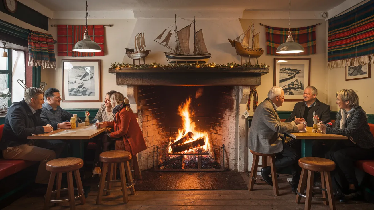 Cosy interior of an Orkney pub in winter with a peat fire.