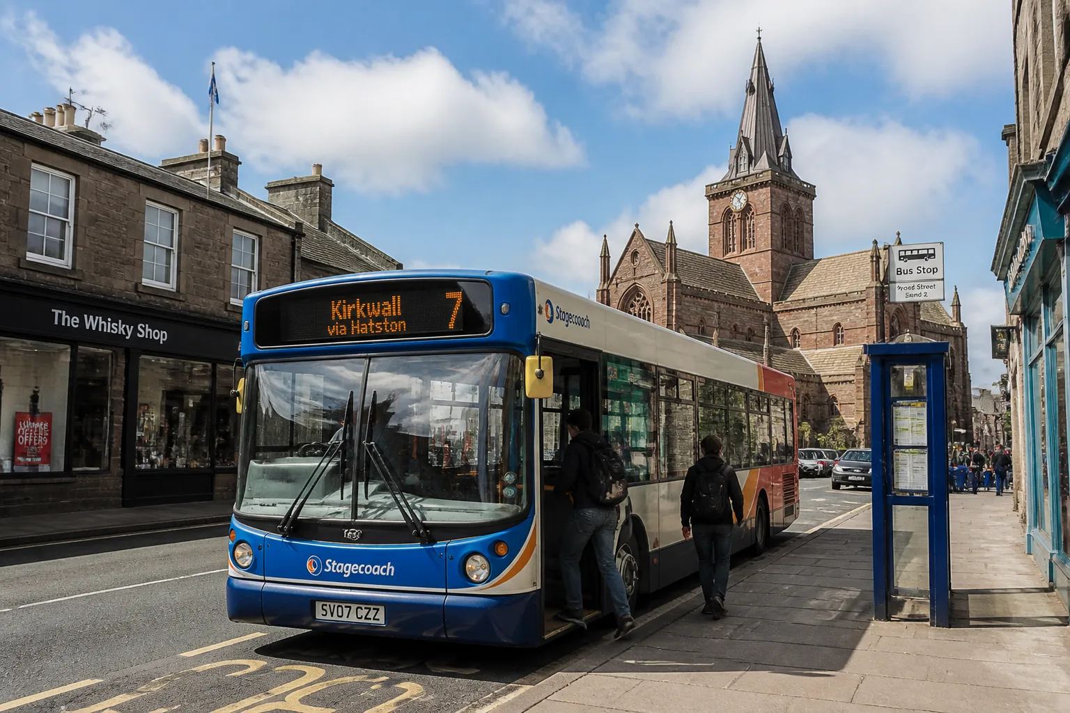 Single-decker Stagecoach bus in white blue and red livery pulled up at a bus stop on Broad Street in central Kirkwall on a bright partly-cloudy summer afternoon, route 7 to Kirkwall on the destination blind, casual passenger stepping off, St Magnus Cathedral sandstone tower in the background