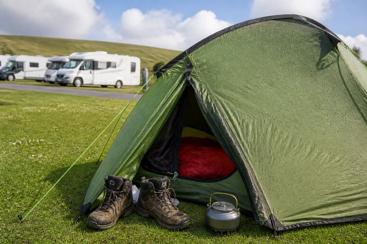 Small green dome backpacking tent pitched on clipped grass at Pickaquoy caravan park in Kirkwall on a bright partly-cloudy summer morning, dew on the flysheet, muddy walking boots and a kettle beside the entrance, motorhomes blurred in the background