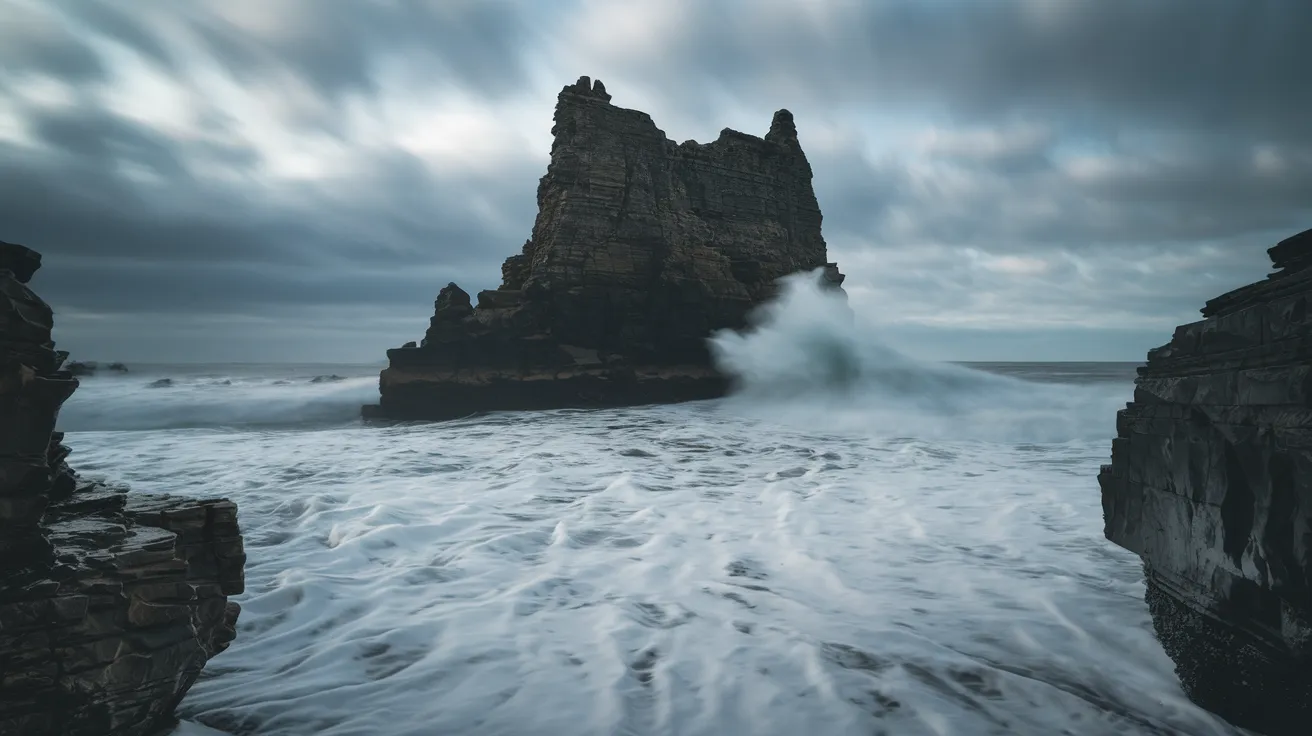 Dramatic long exposure shot of Yesnaby Castle sea stack during a storm.