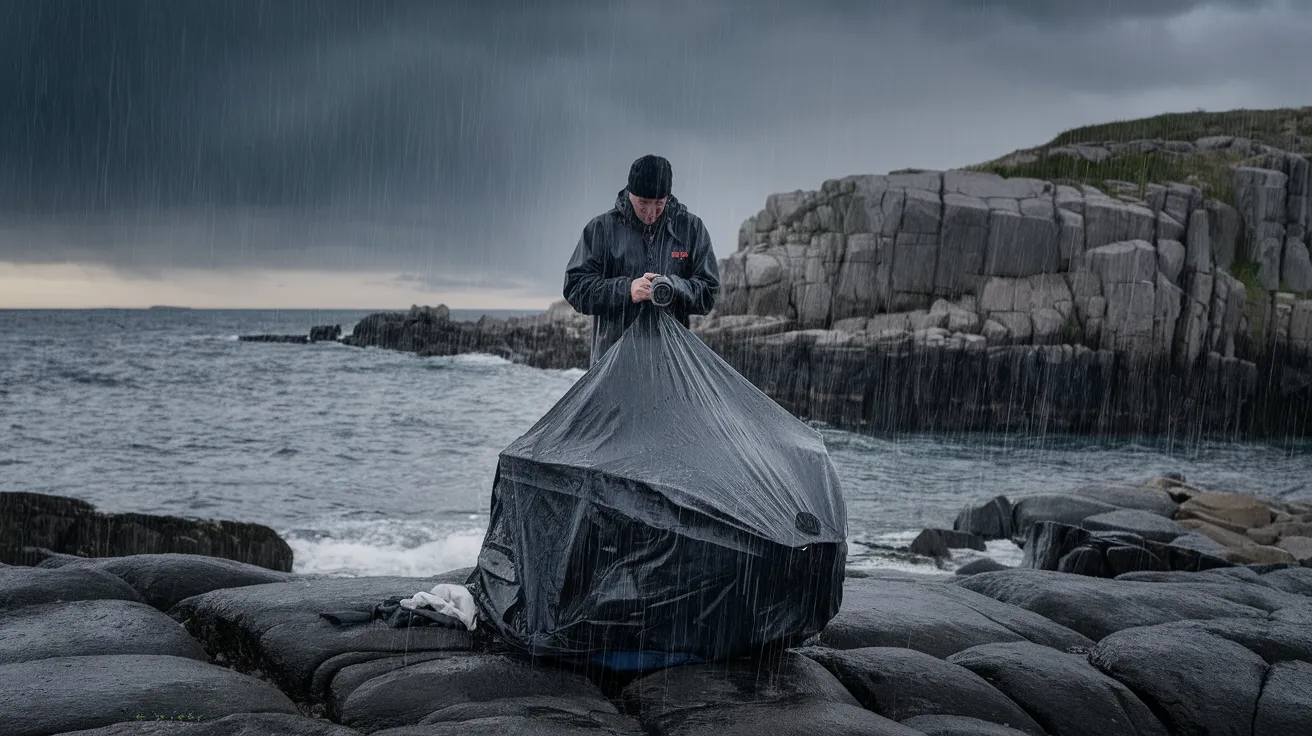 Photographer protecting camera gear from Orkney weather.