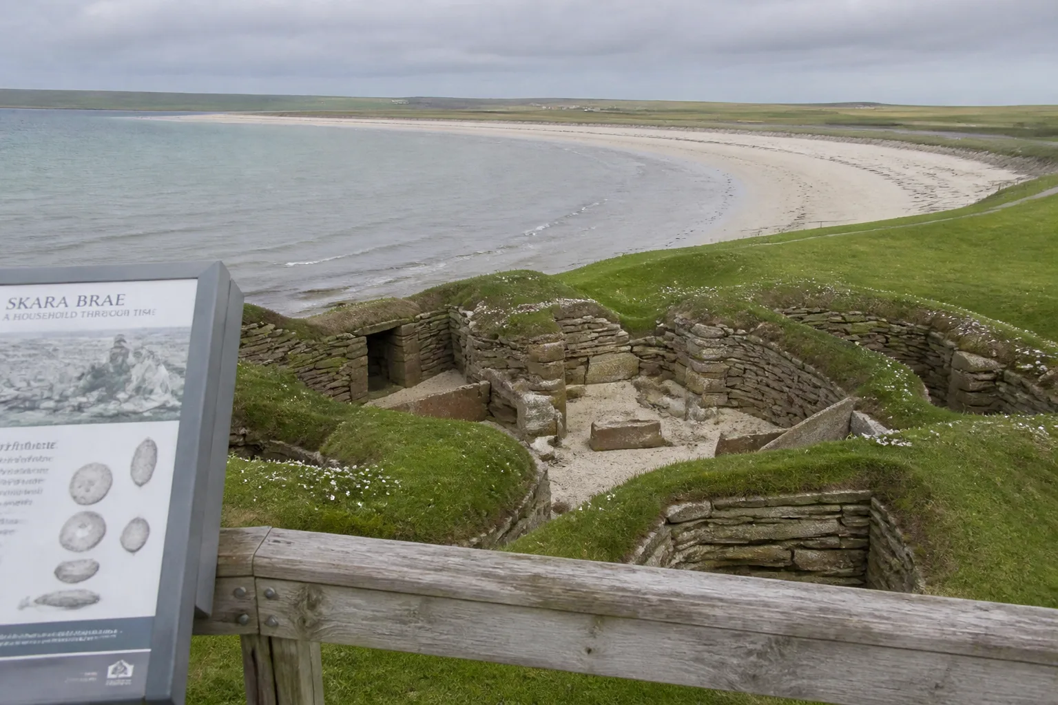 Skara Brae on the shore of the Bay of Skaill, Orkney, viewed from the visitor walkway showing the 5,000-year-old stone houses with the curving white-sand beach and grey-green sea behind