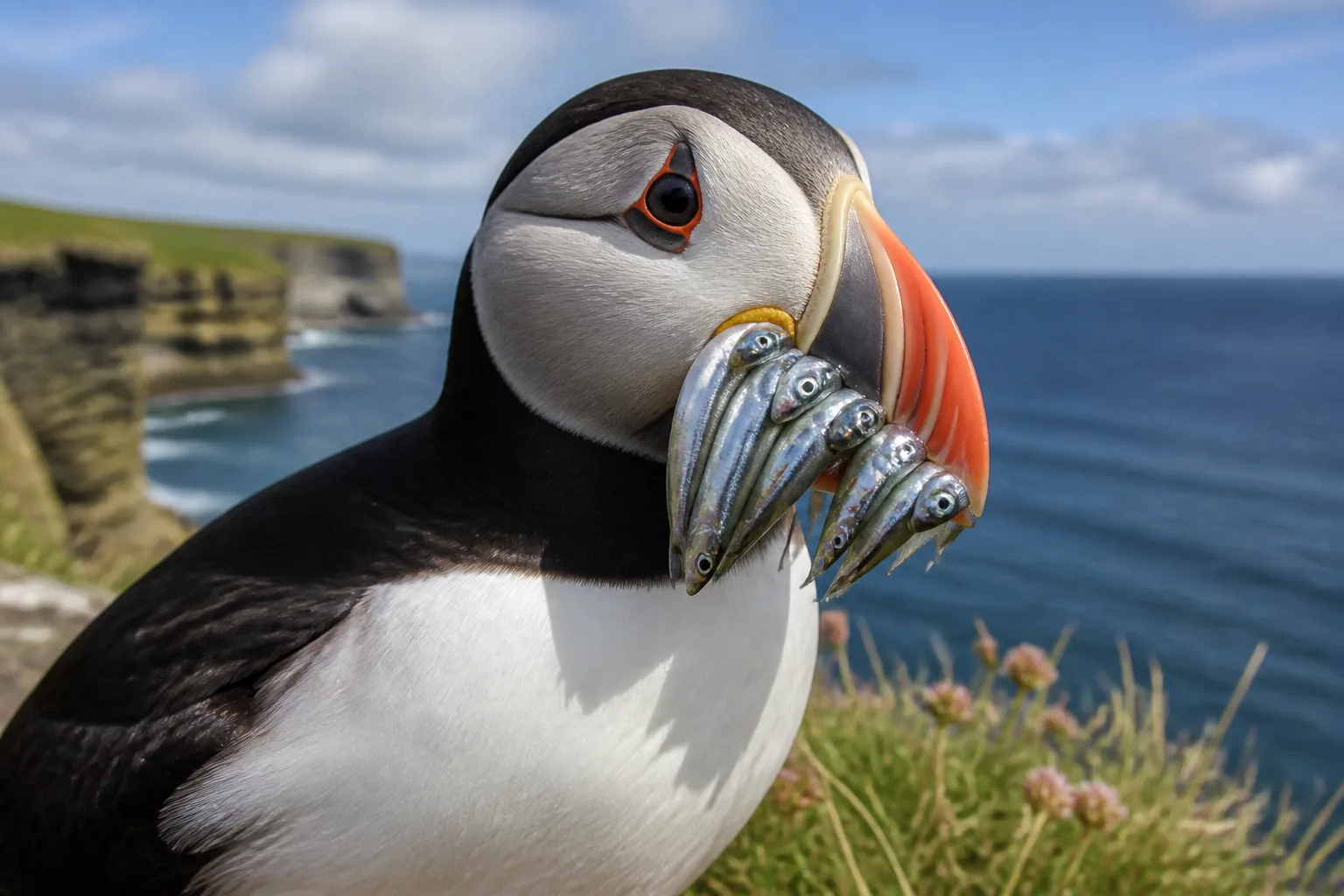 Tight close-up of a single Atlantic Puffin on Castle o' Burrian Westray with five small silver sand eels held across its bright orange and blue beak, sharp focus on the head and shoulders against a soft blue sea background