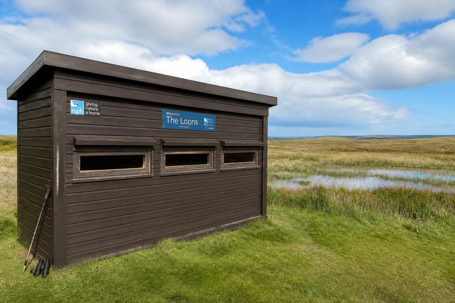 Wooden RSPB birdwatching hide with three viewing slots on the front wall overlooking The Loons wetland reserve on west Mainland Orkney on a bright partly cloudy May morning with lapwings and curlews feeding in the wet meadow beyond