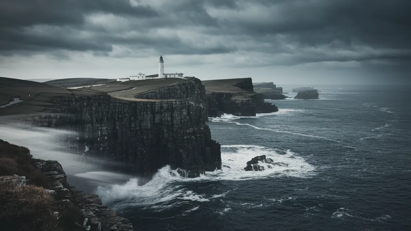 Dramatic view of Noup Head lighthouse on Westray, Orkney.