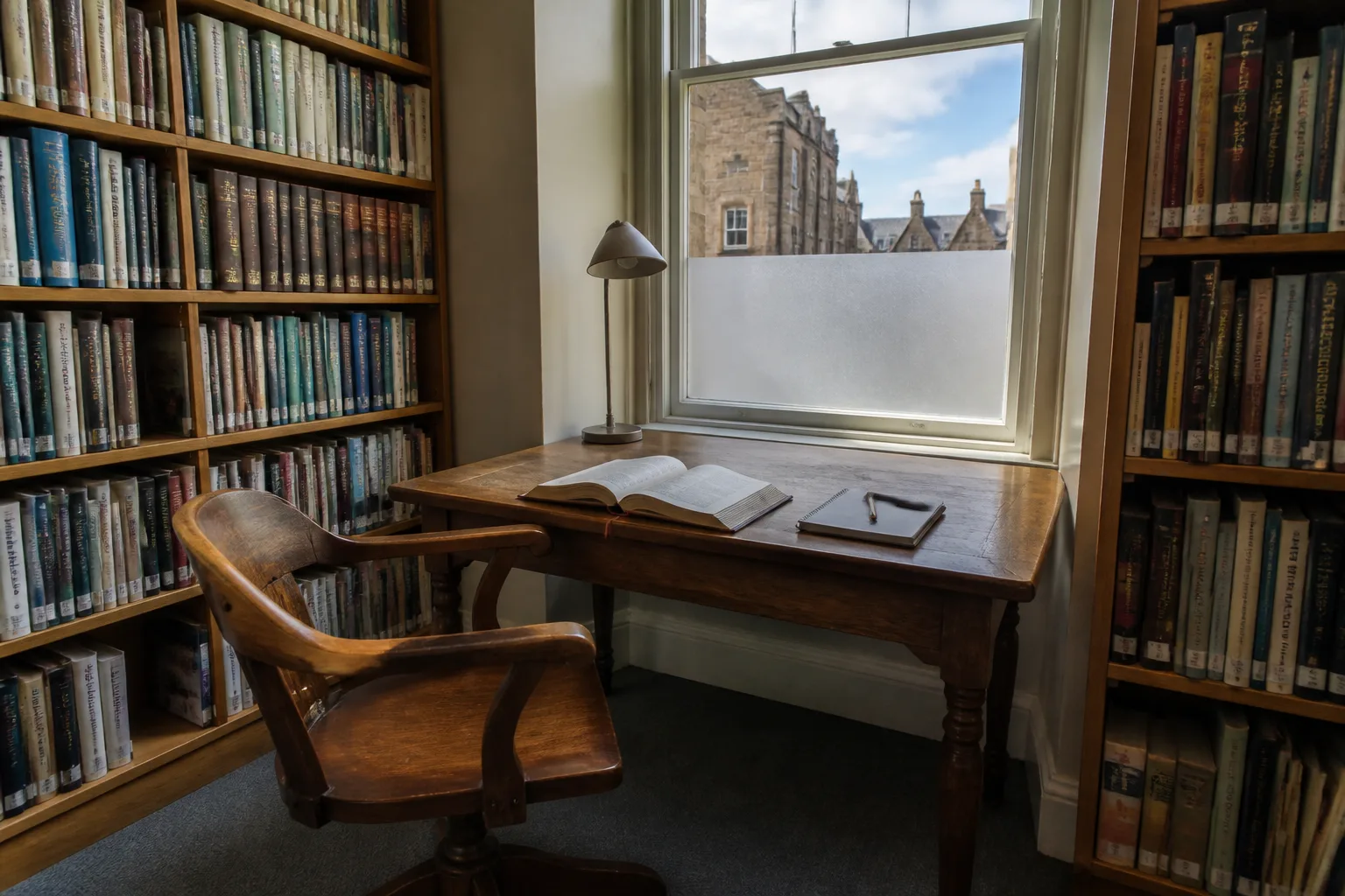 Interior of a small public-library reading room evoking the Orkney Library and Archive in Kirkwall, with floor-to-ceiling wooden bookshelves packed with hardback and paperback books on two walls, a wooden reading desk with an open hardback book and a notebook on it sitting next to a tall window with bright partly-cloudy daylight coming through, and an empty wooden swivel chair pushed back from the desk