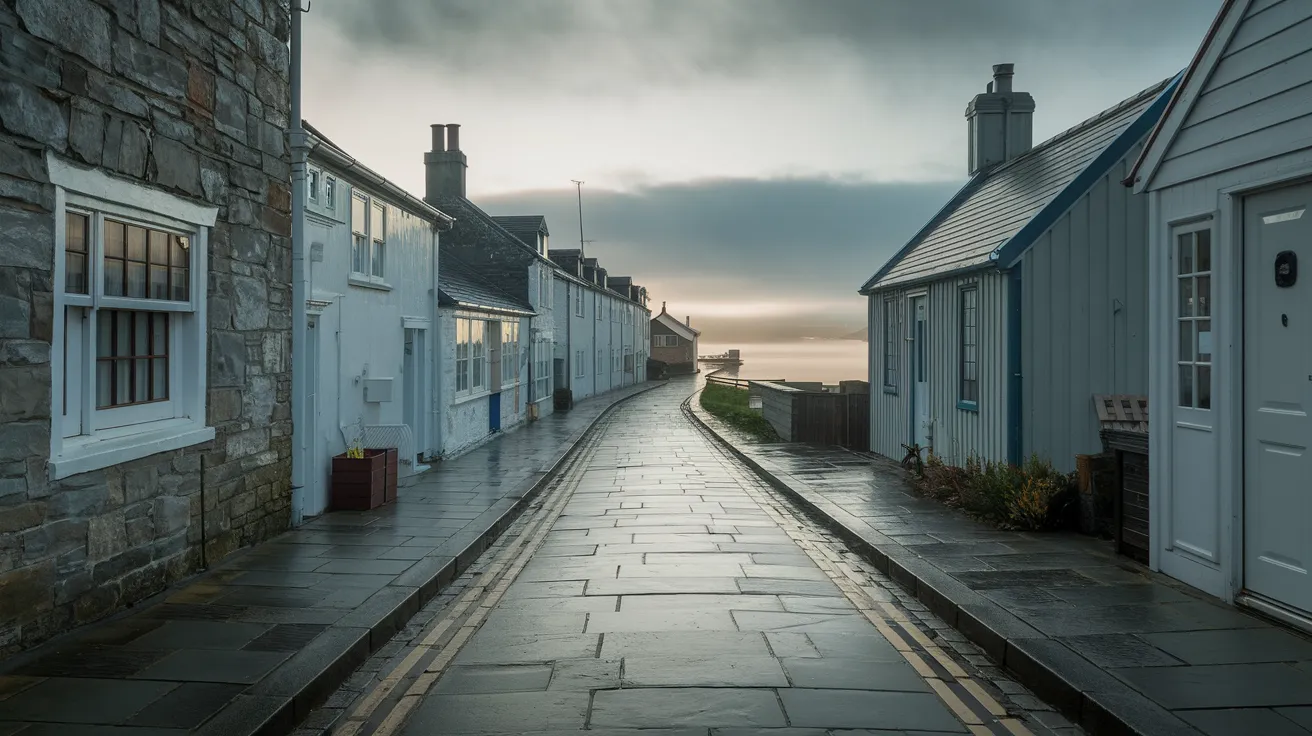 Misty morning view of the winding flagstone streets of Stromness, Orkney (Hamnavoe).