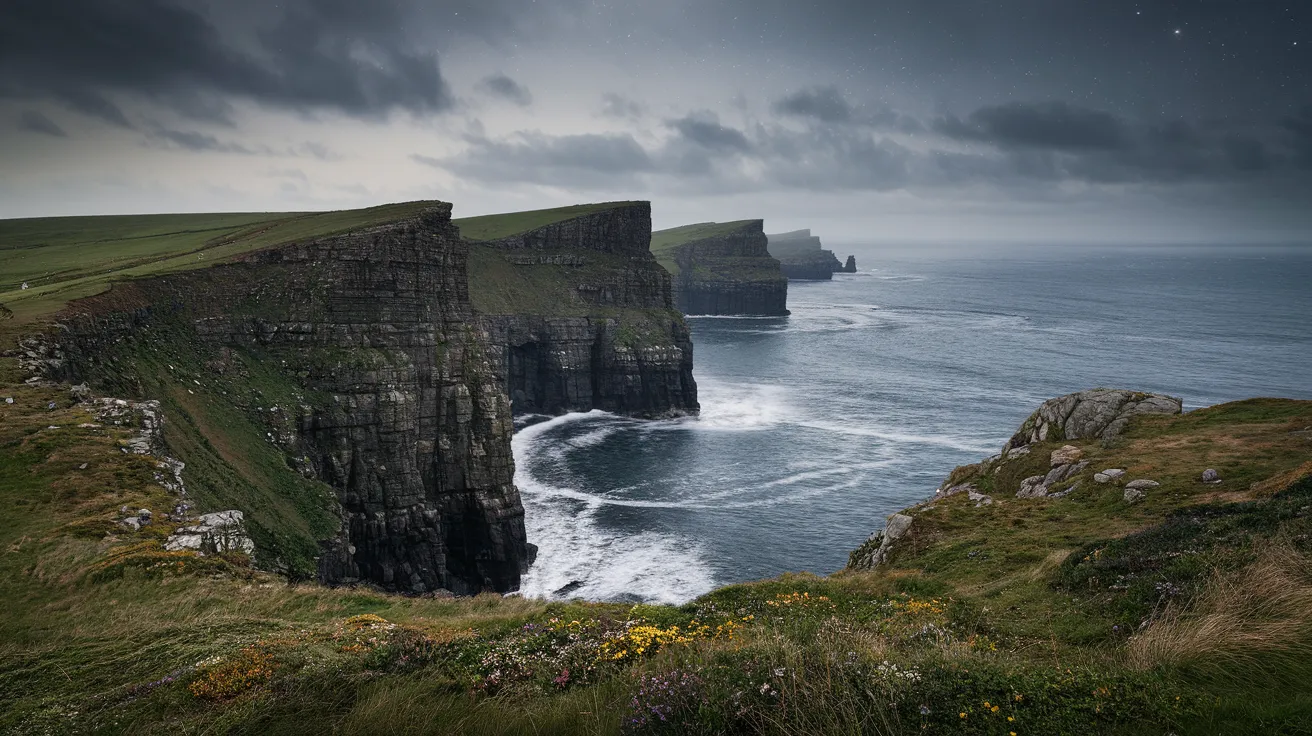 Dramatic view of Rackwick Bay, Hoy, Orkney, with steep cliffs and stormy sea.