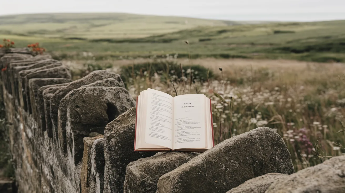 Open book of poetry resting on a stone wall overlooking fields in Wyre, Orkney.
