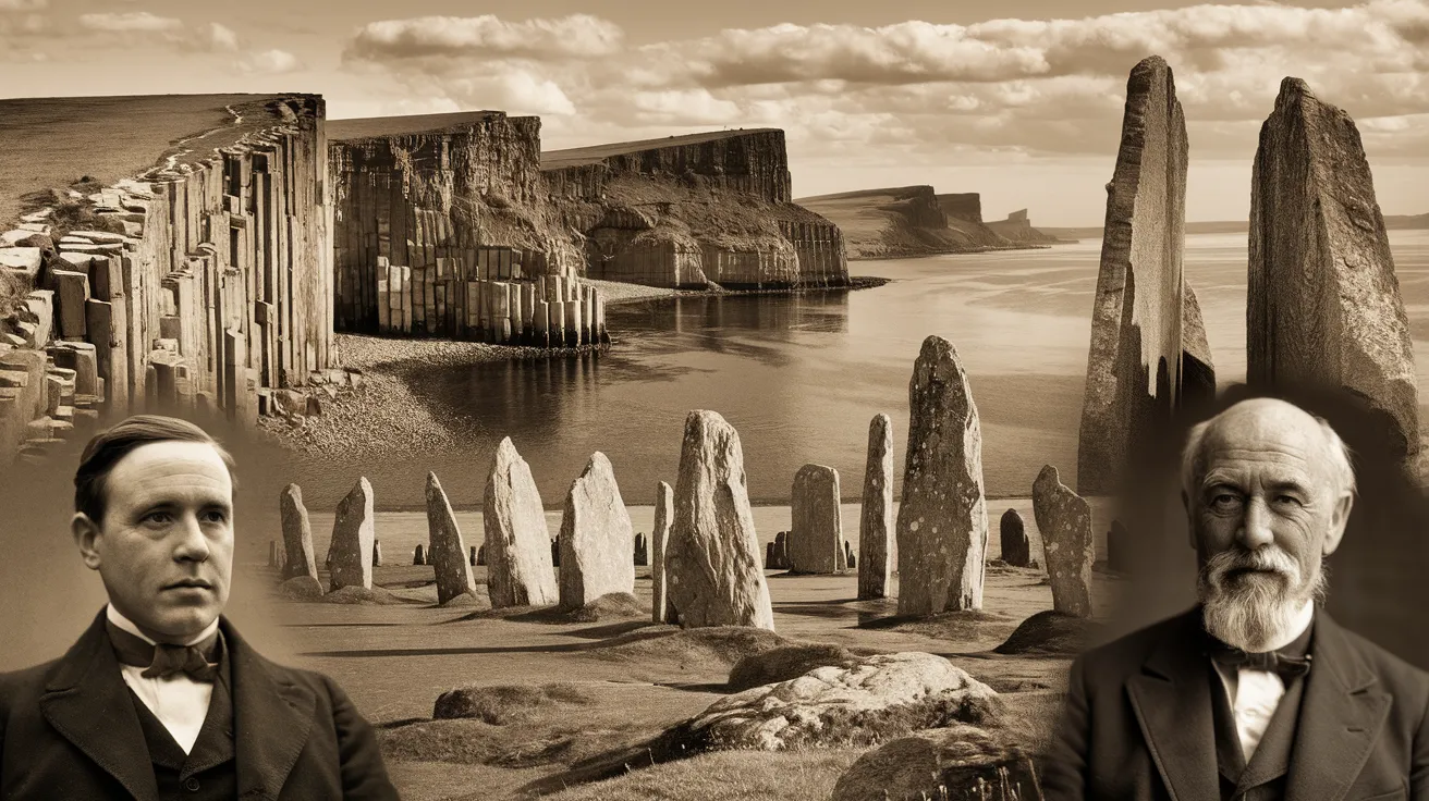Montage of Orkney landscapes and portraits of George Mackay Brown and Edwin Muir.