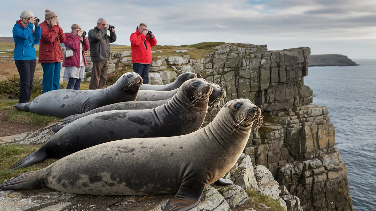 Tourists responsibly watching seals from a clifftop in Orkney.