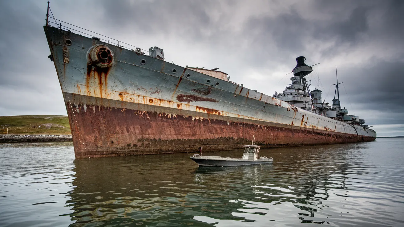 Rusting remains of a scuttled WWI German battleship in Scapa Flow, Orkney.