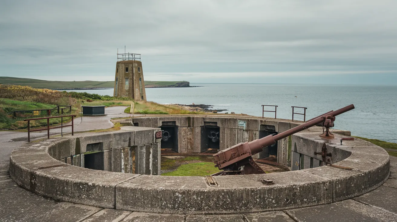 Concrete gun emplacements at Ness Battery, Orkney, overlooking the sea.