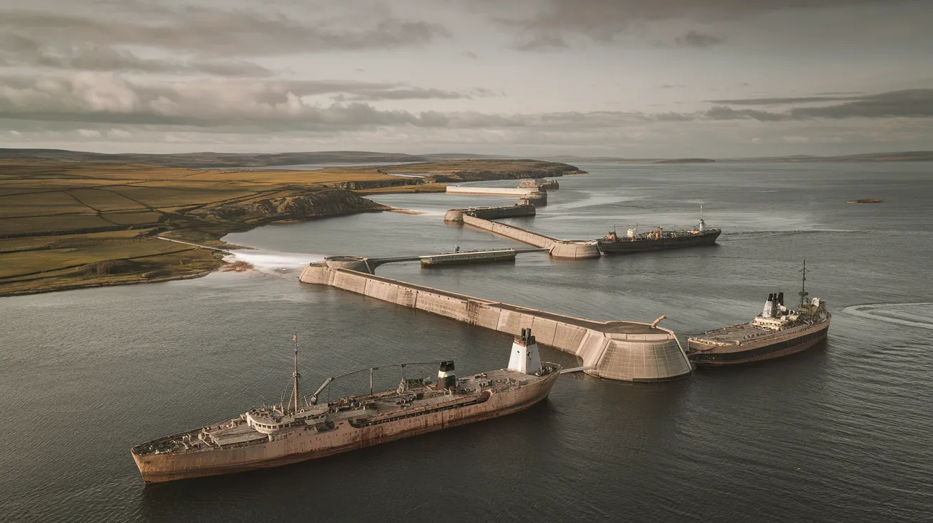 Aerial view of the Churchill Barriers linking Orkney islands across Scapa Flow.
