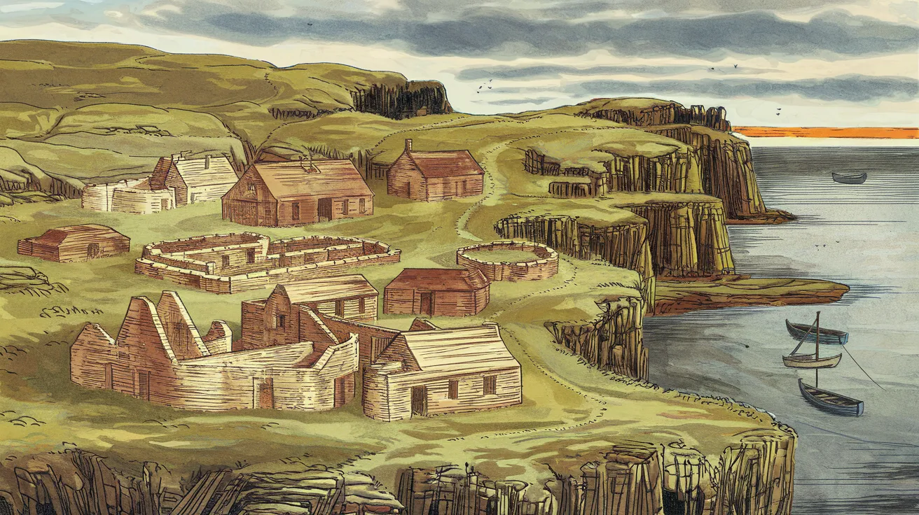 Reconstruction illustration of the Pictish settlement at Brough of Birsay.